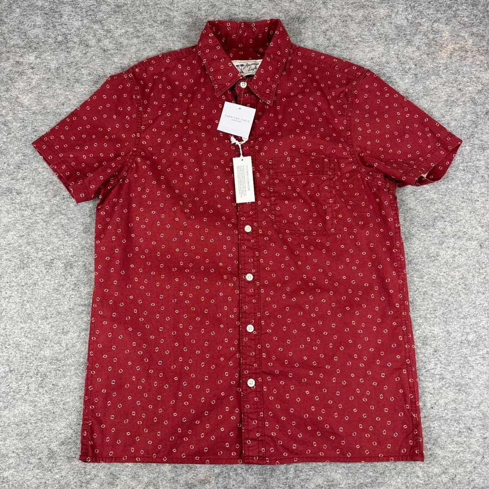 American Eagle Button Up Shirt Geometric Cotton Stretch Red Mens Small S